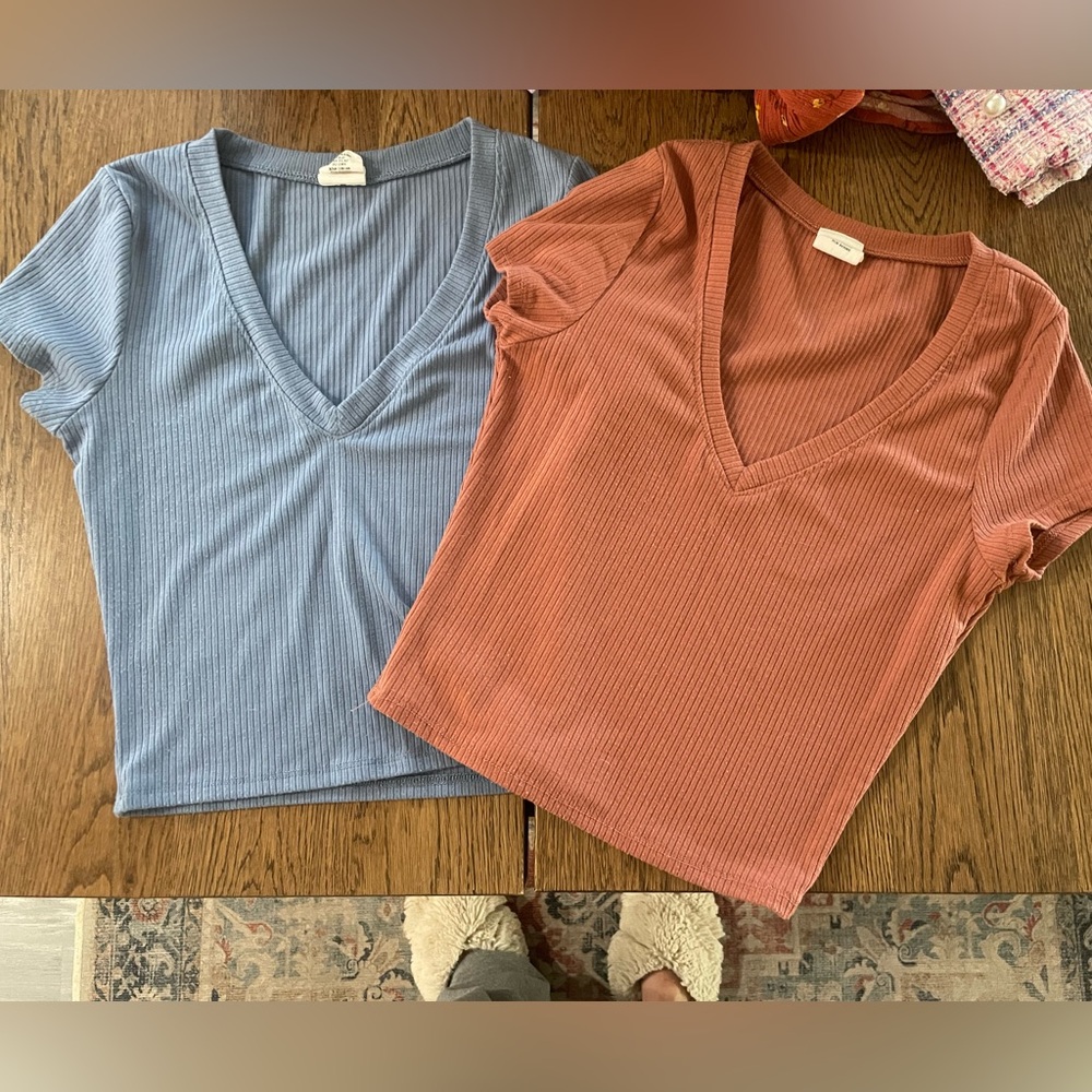 V-Neck Ribbed Women Tops - Blue and Rust